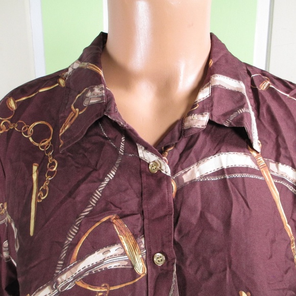 TALBOTS SILK EQUESTRIAN THEMED BLOUSE LONG SLEEVE chocolate brown 10P elegant - Picture 3 of 7